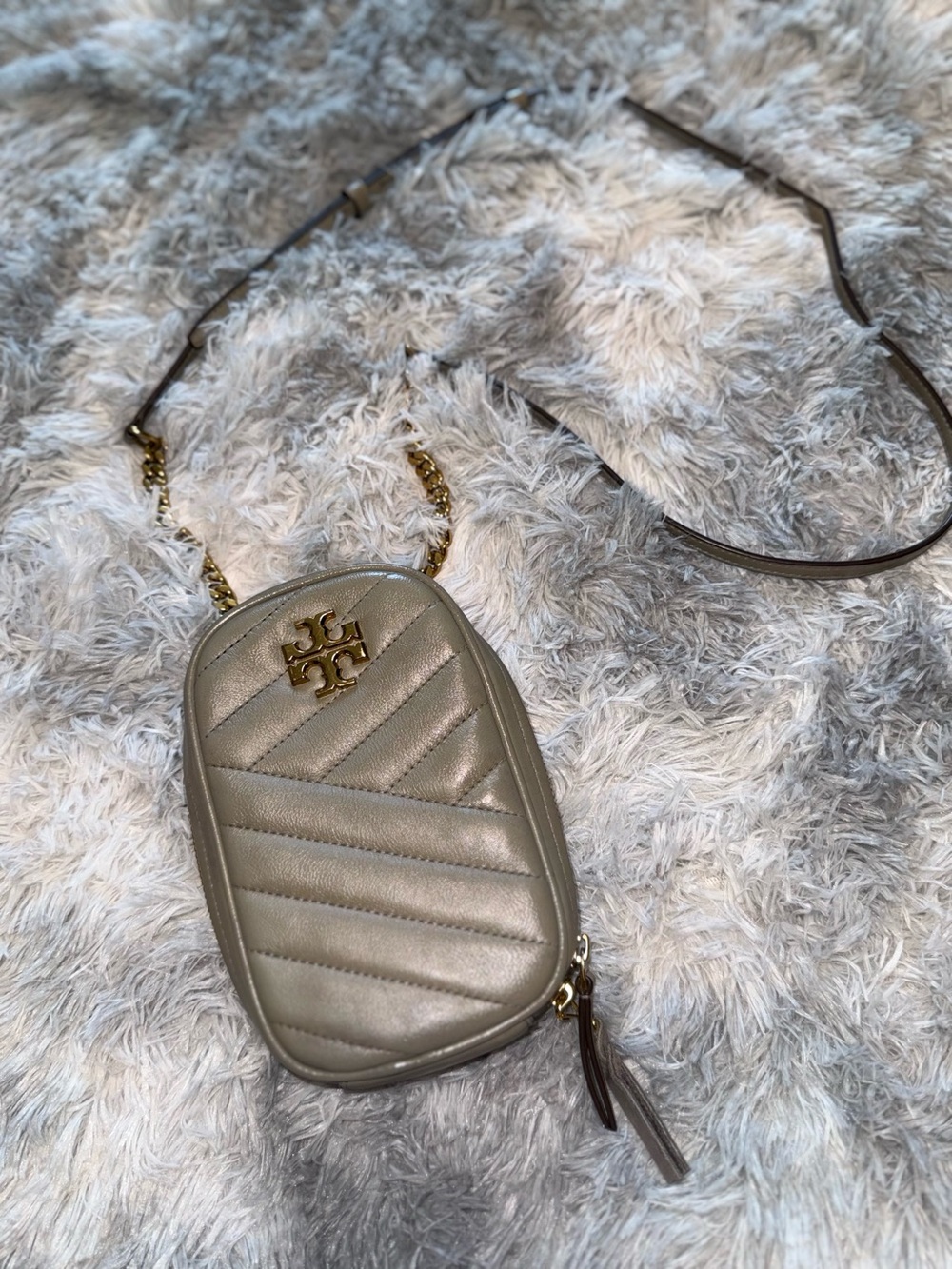Tory Burch Metallic Gray Quilted Chain Crossbody